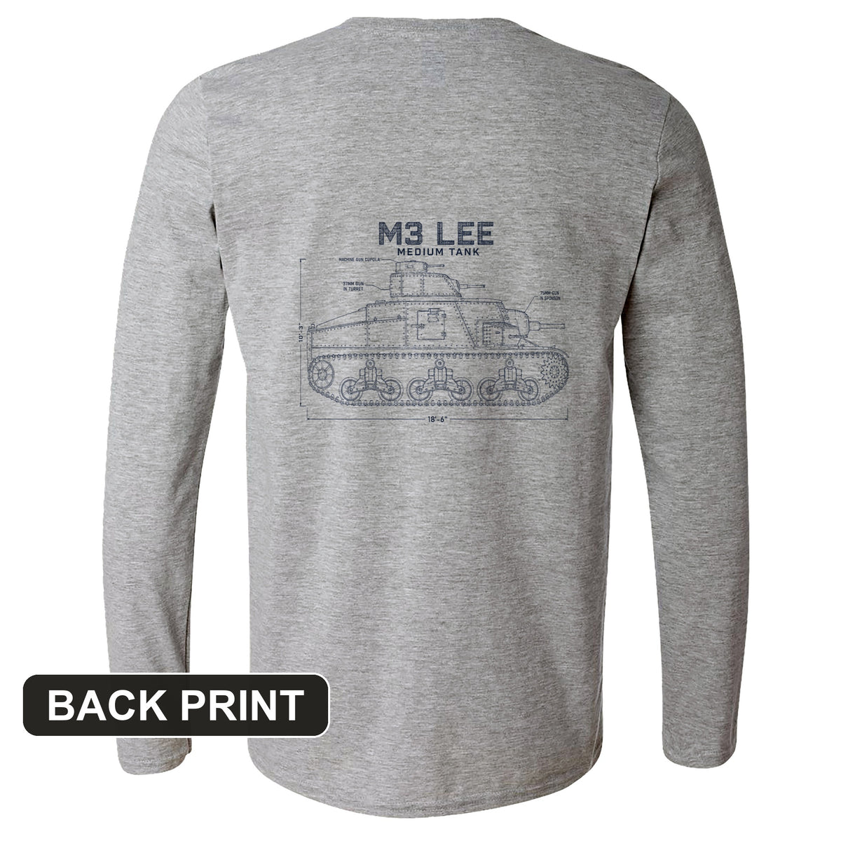 M3 Lee Blueprint Back Print Long Sleeve T-Shirt