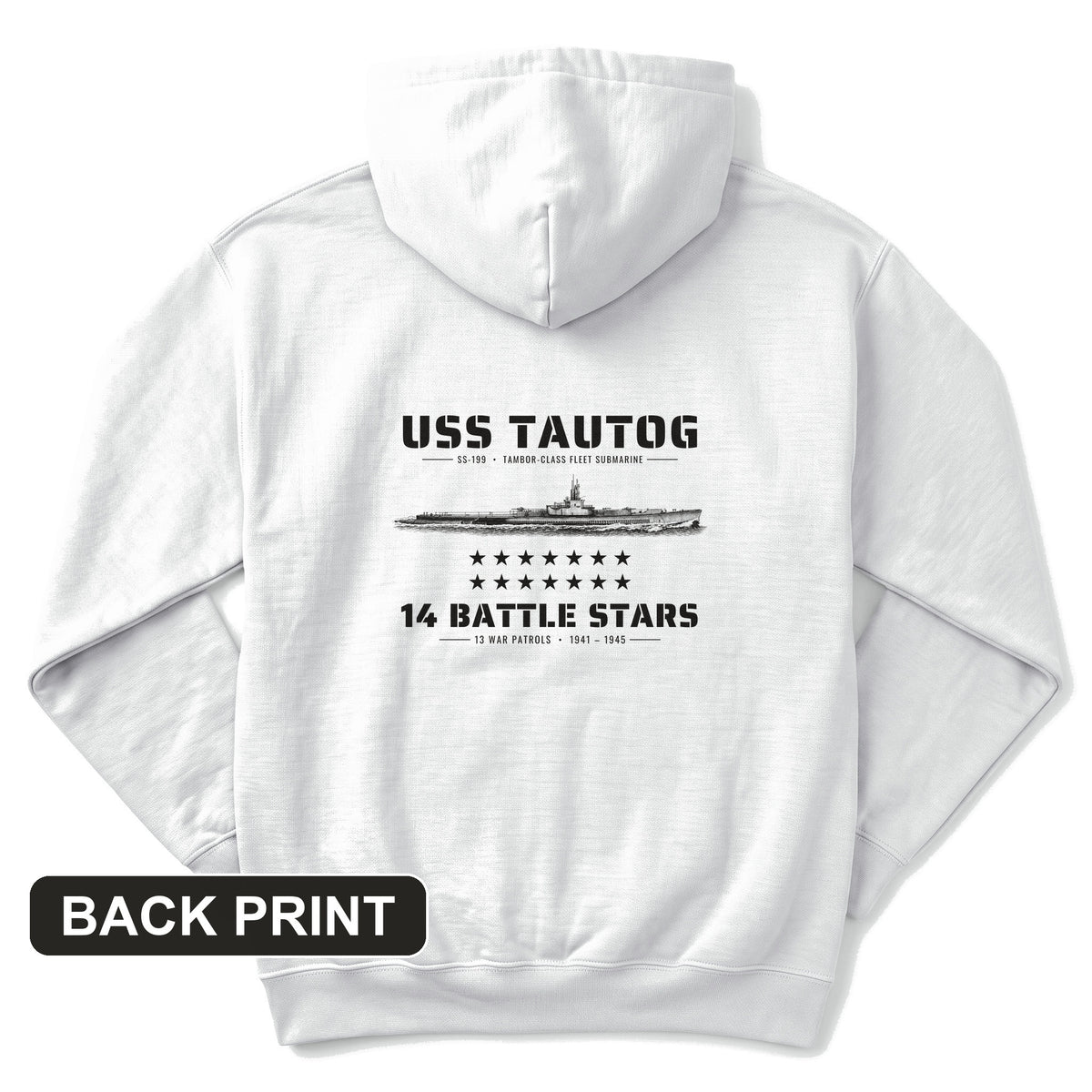 USS Tautog 14 Battle Stars Back Print Hoodie