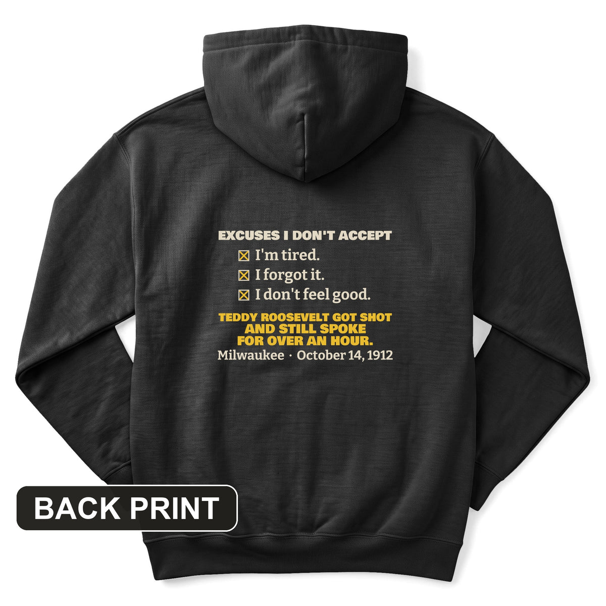Teddy Roosevelt No Excuses Back Print Hoodie