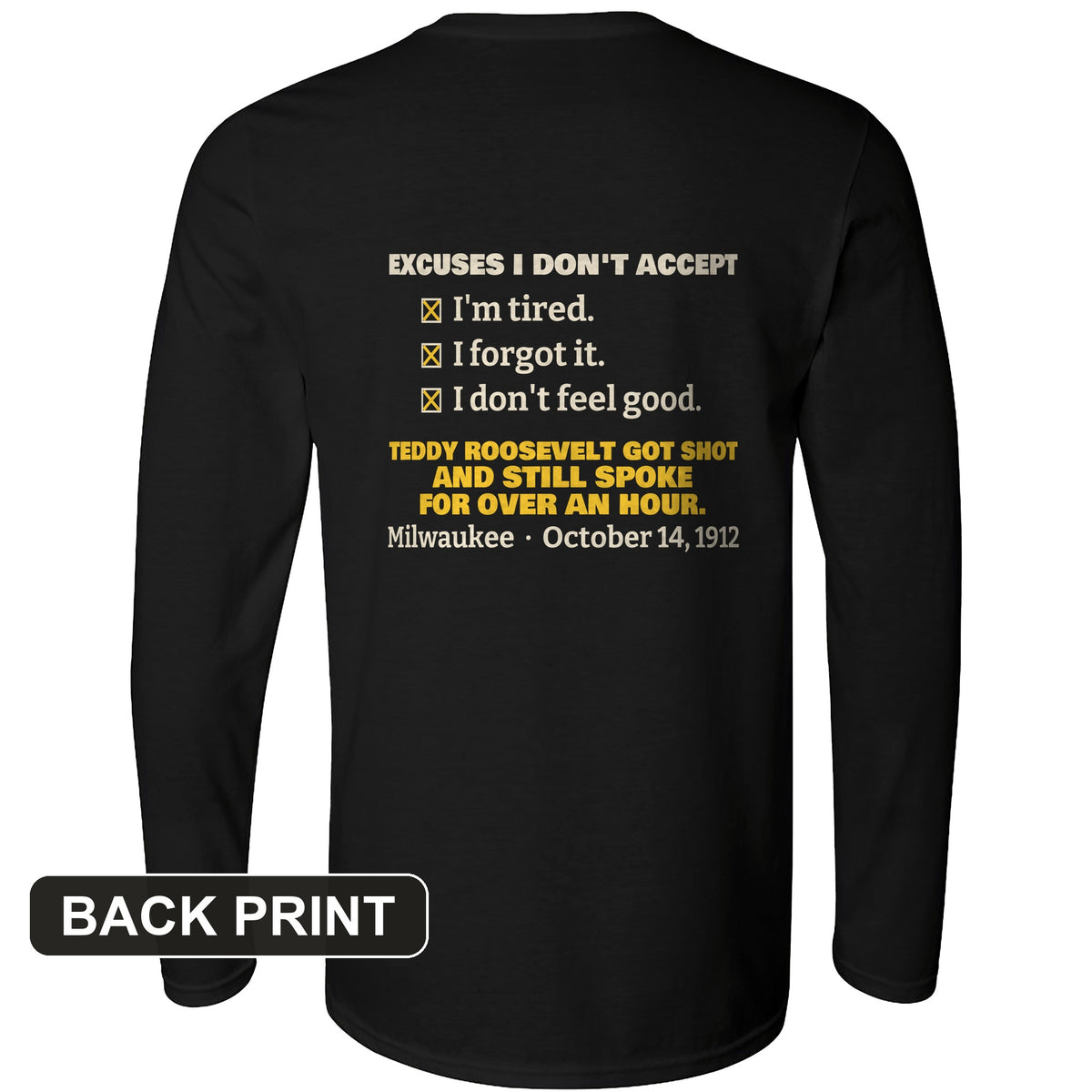 Teddy Roosevelt No Excuses Back Print Long Sleeve T-Shirt