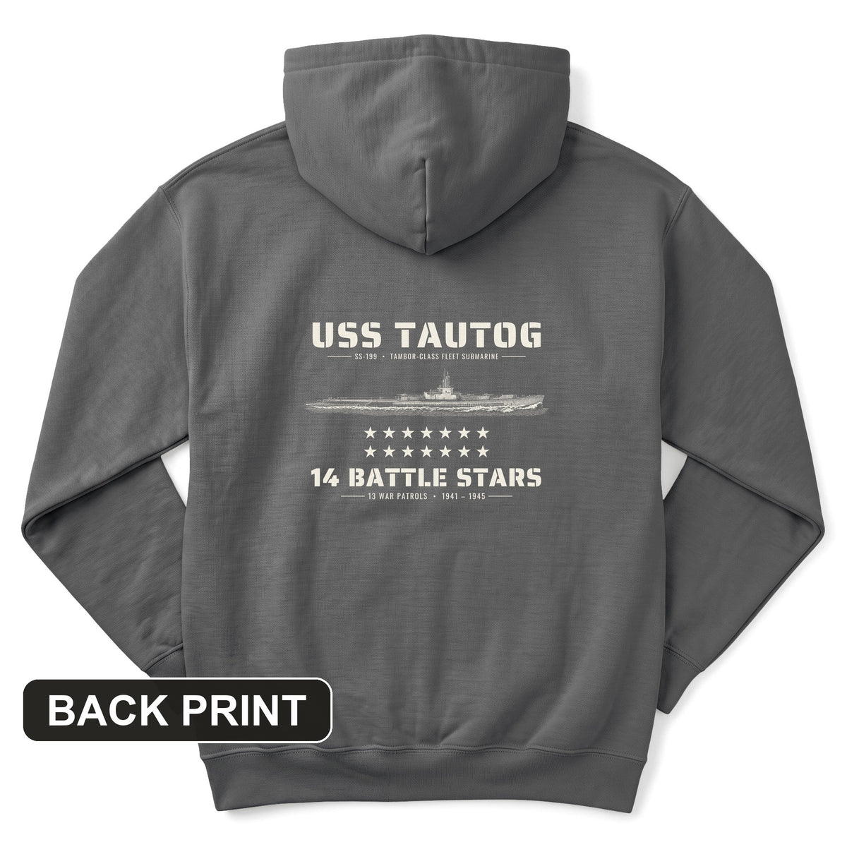 USS Tautog 14 Battle Stars Back Print Hoodie