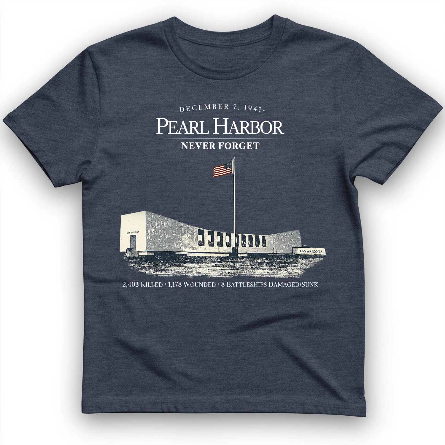Pearl Harbor - Never Forget T-Shirt Heather Navy / S