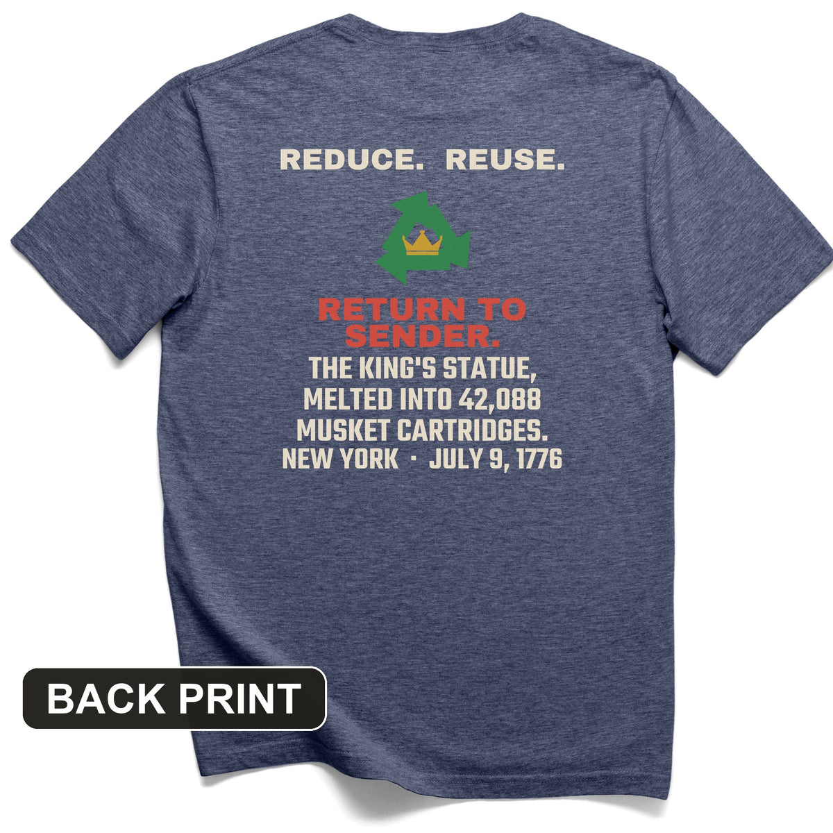 Return To Sender King's Statue 1776 Back Print T-Shirt
