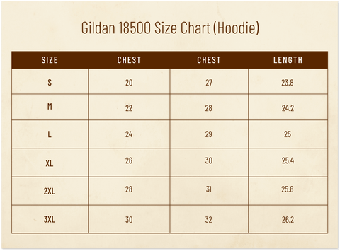 Gildan 18500 Size Chart (Hoodie)