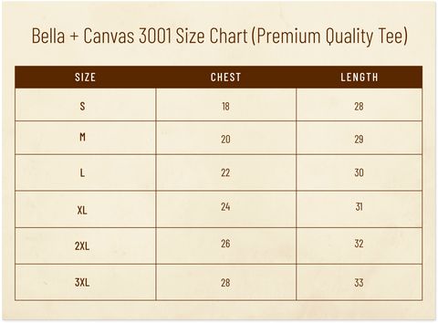 Bella + Canvas 3001 Size Chart (Premium Quality Tee)