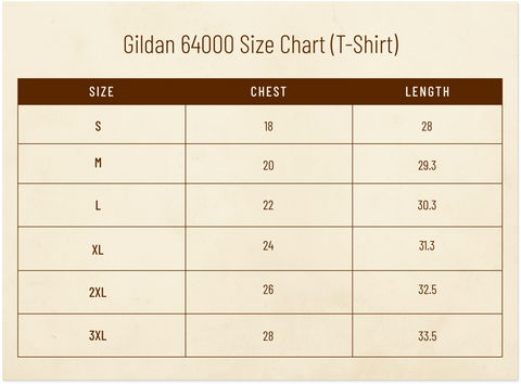 Gildan 64000 Size Chart (T-Shirt)