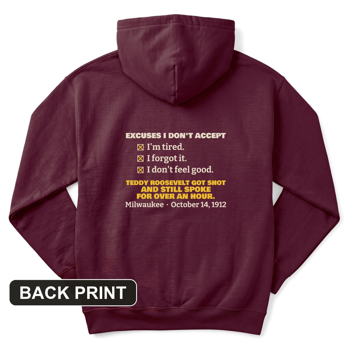 Teddy Roosevelt No Excuses Back Print Hoodie