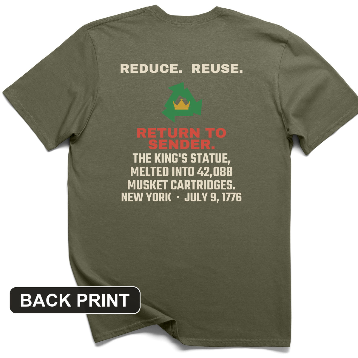 Return To Sender King's Statue 1776 Back Print T-Shirt