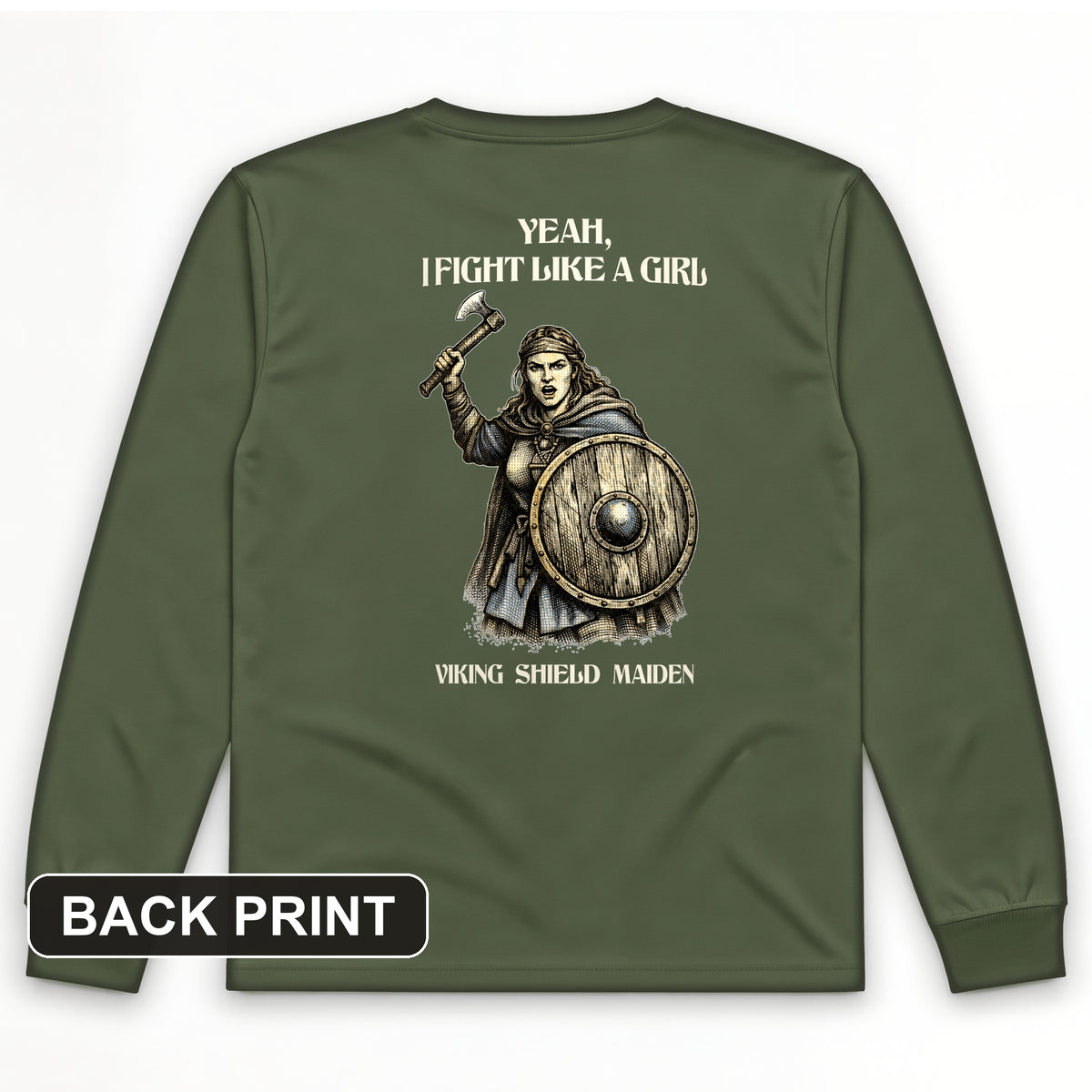 Viking Shield Maiden Back Print Long Sleeve T-Shirt
