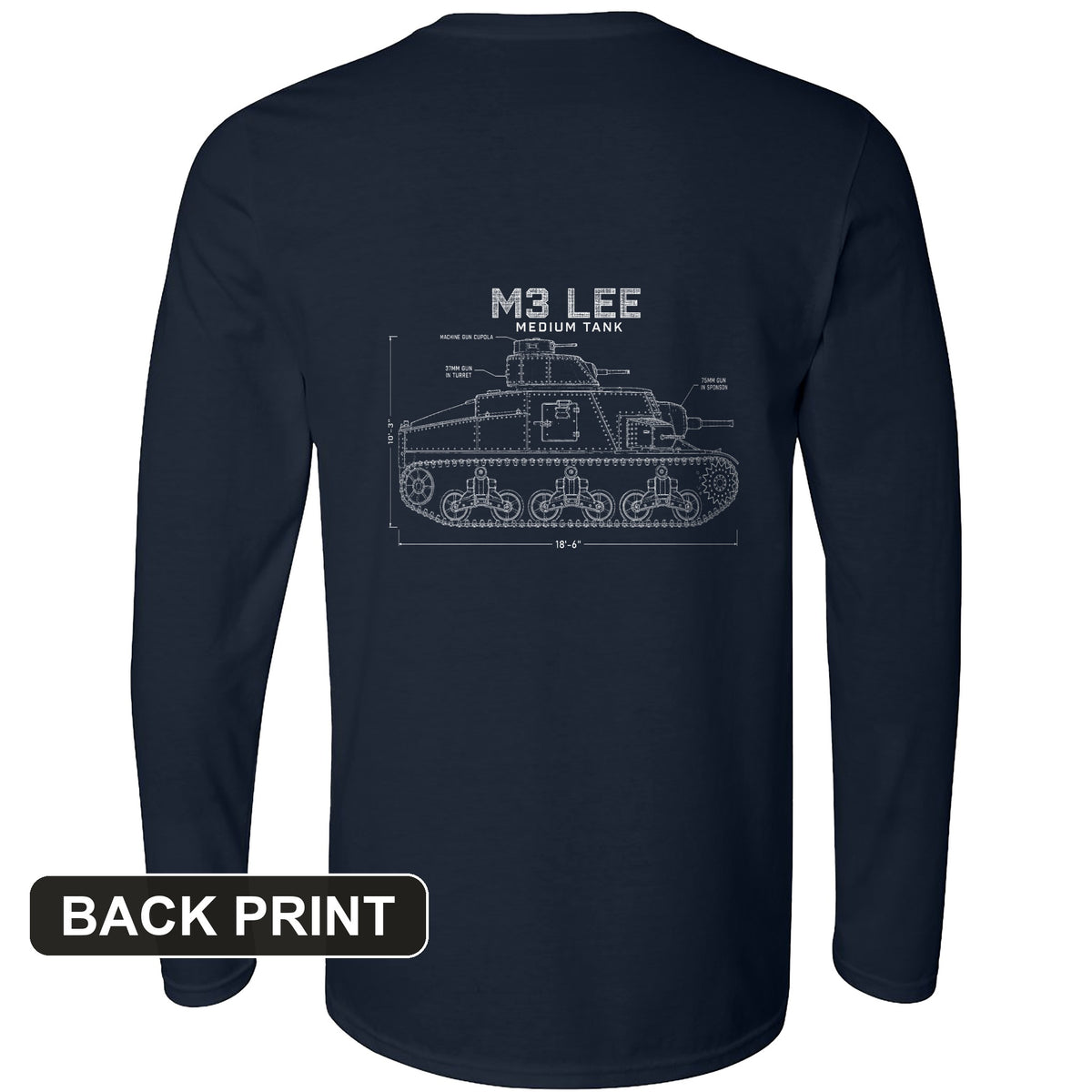 M3 Lee Blueprint Back Print Long Sleeve T-Shirt