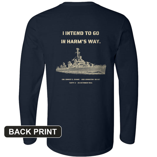 USS Johnston In Harm's Way Back Print Long Sleeve T-Shirt