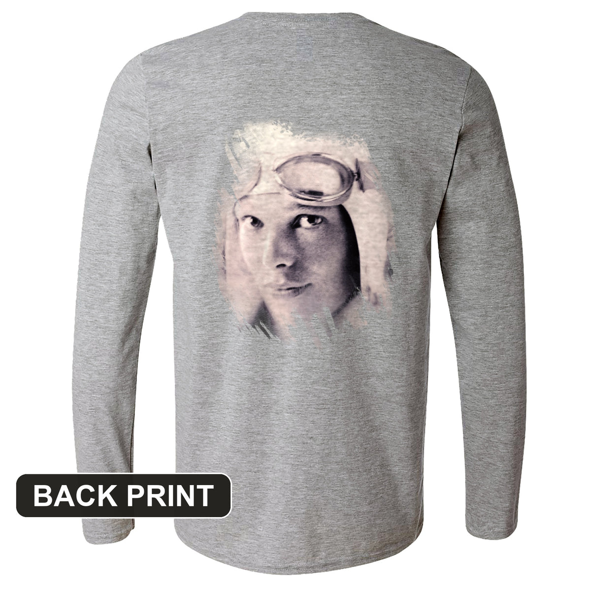 Amelia Earhart Portrait Back Print Long Sleeve T-Shirt
