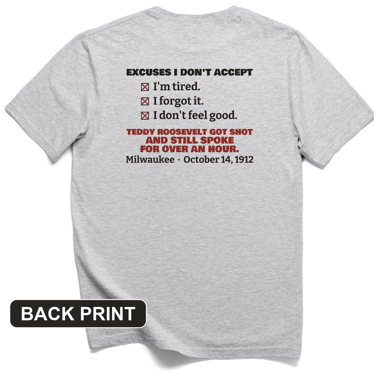 Teddy Roosevelt No Excuses Back Print T-Shirt