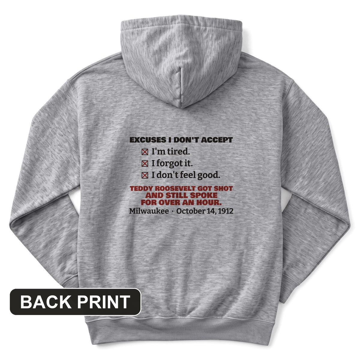 Teddy Roosevelt No Excuses Back Print Hoodie