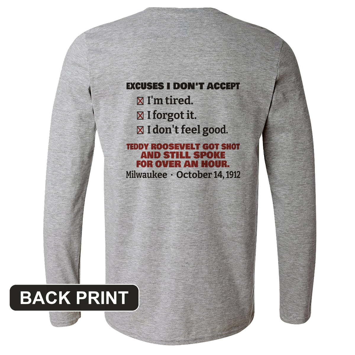 Teddy Roosevelt No Excuses Back Print Long Sleeve T-Shirt