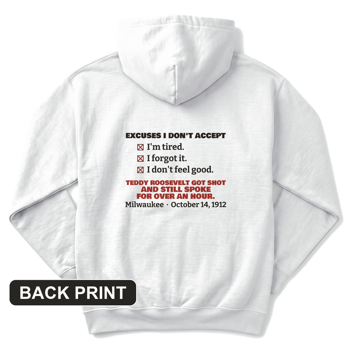Teddy Roosevelt No Excuses Back Print Hoodie