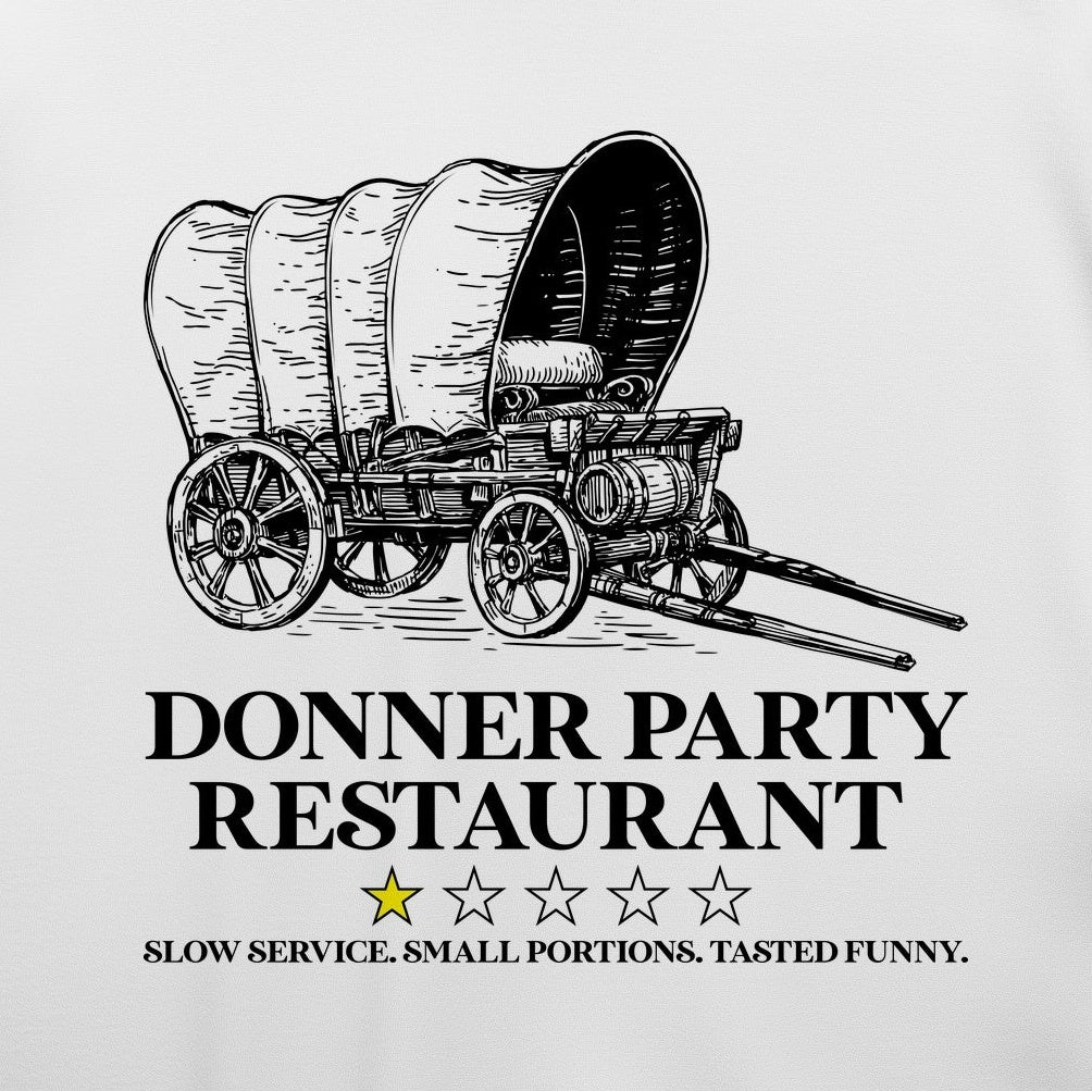 Donner Party Restaurant Review T-Shirt — print detail close-up