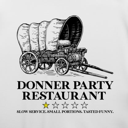 Donner Party Restaurant Review T-Shirt — print detail close-up