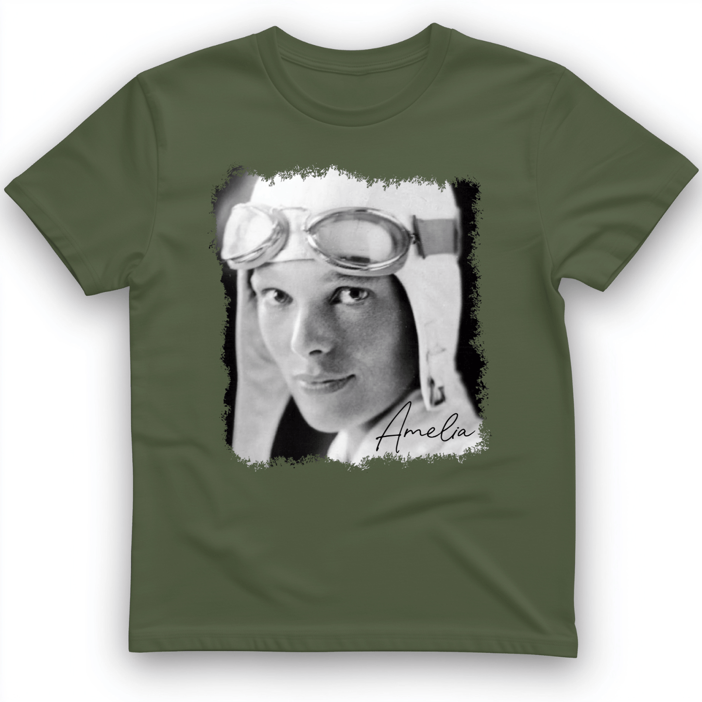Amelia Earhart B&W T-Shirt Military Green / S