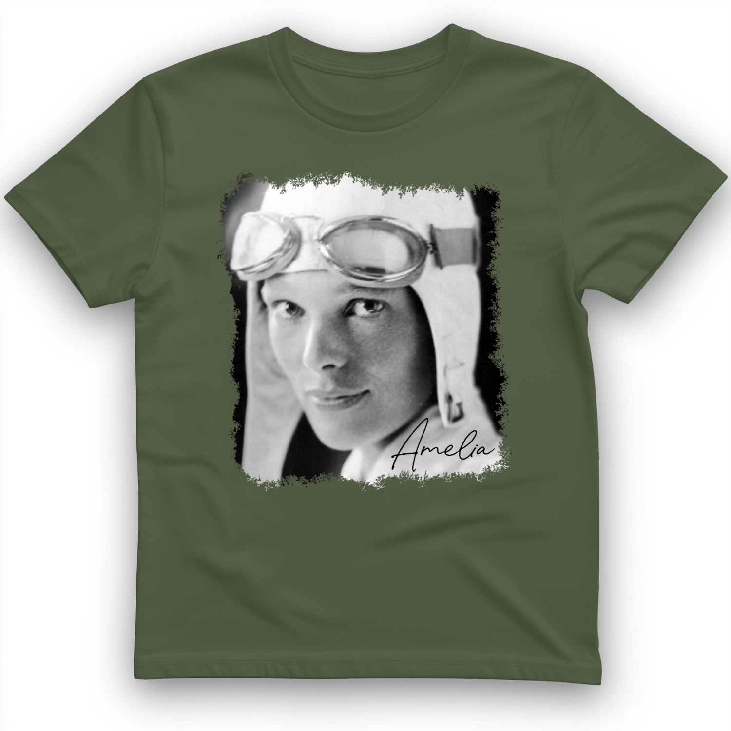 Amelia Earhart B&W T-Shirt Military Green / S
