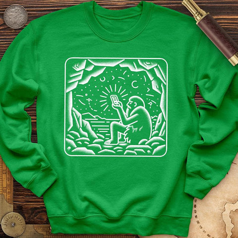 Ancient Caveman Using a Cell Phone Crewneck Irish Green / S