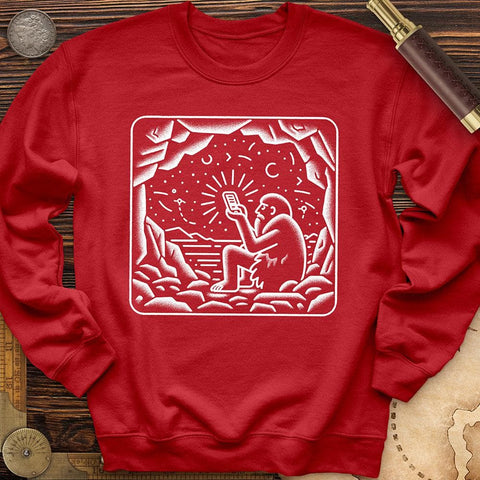 Ancient Caveman Using a Cell Phone Crewneck Red / S