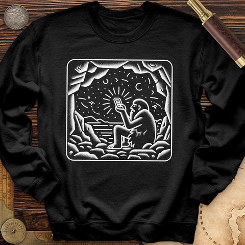 Ancient Caveman Using a Cell Phone Crewneck Black / S