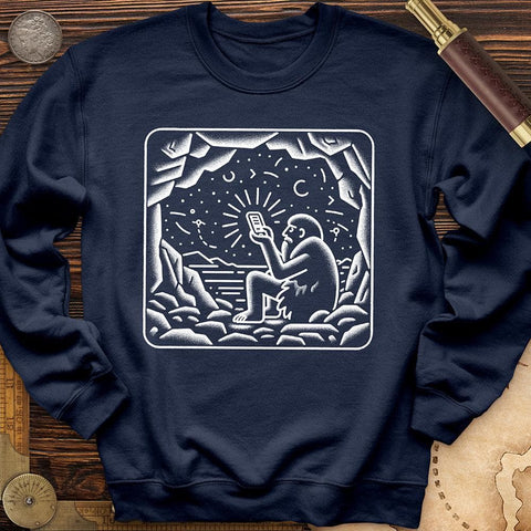 Ancient Caveman Using a Cell Phone Crewneck Navy / S