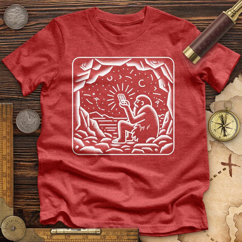 Ancient Caveman Using a Cell Phone High Quality Tee Heather Red / S