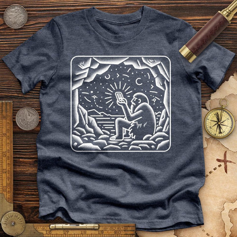 Ancient Caveman Using a Cell Phone High Quality Tee Heather Navy / S