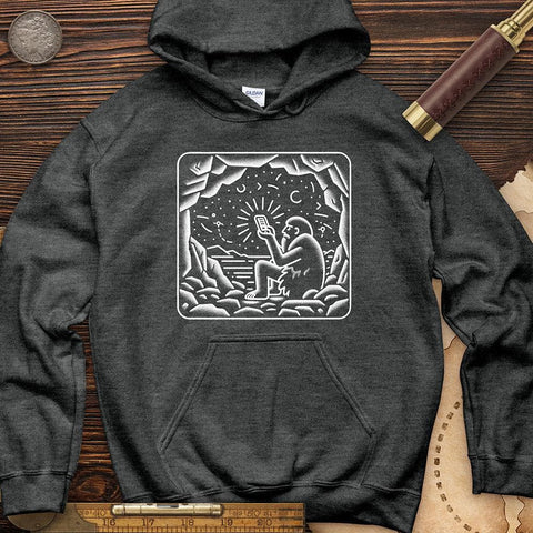 Ancient Caveman Using a Cell Phone Hoodie Dark Heather / S