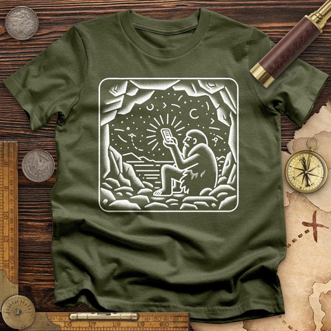 Ancient Caveman Using a Cell Phone T-Shirt Military Green / S