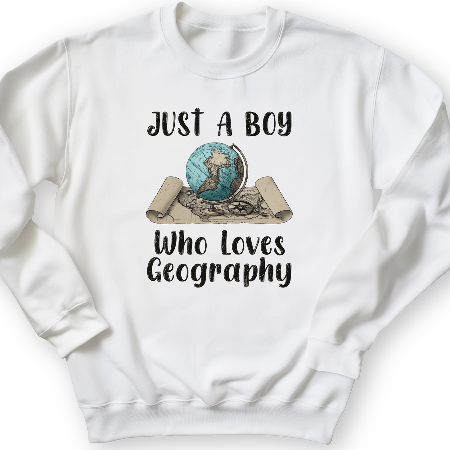 Just a Boy Who Loves Geography Crewneck White / S
