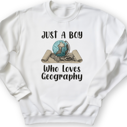 Just a Boy Who Loves Geography Crewneck White / S