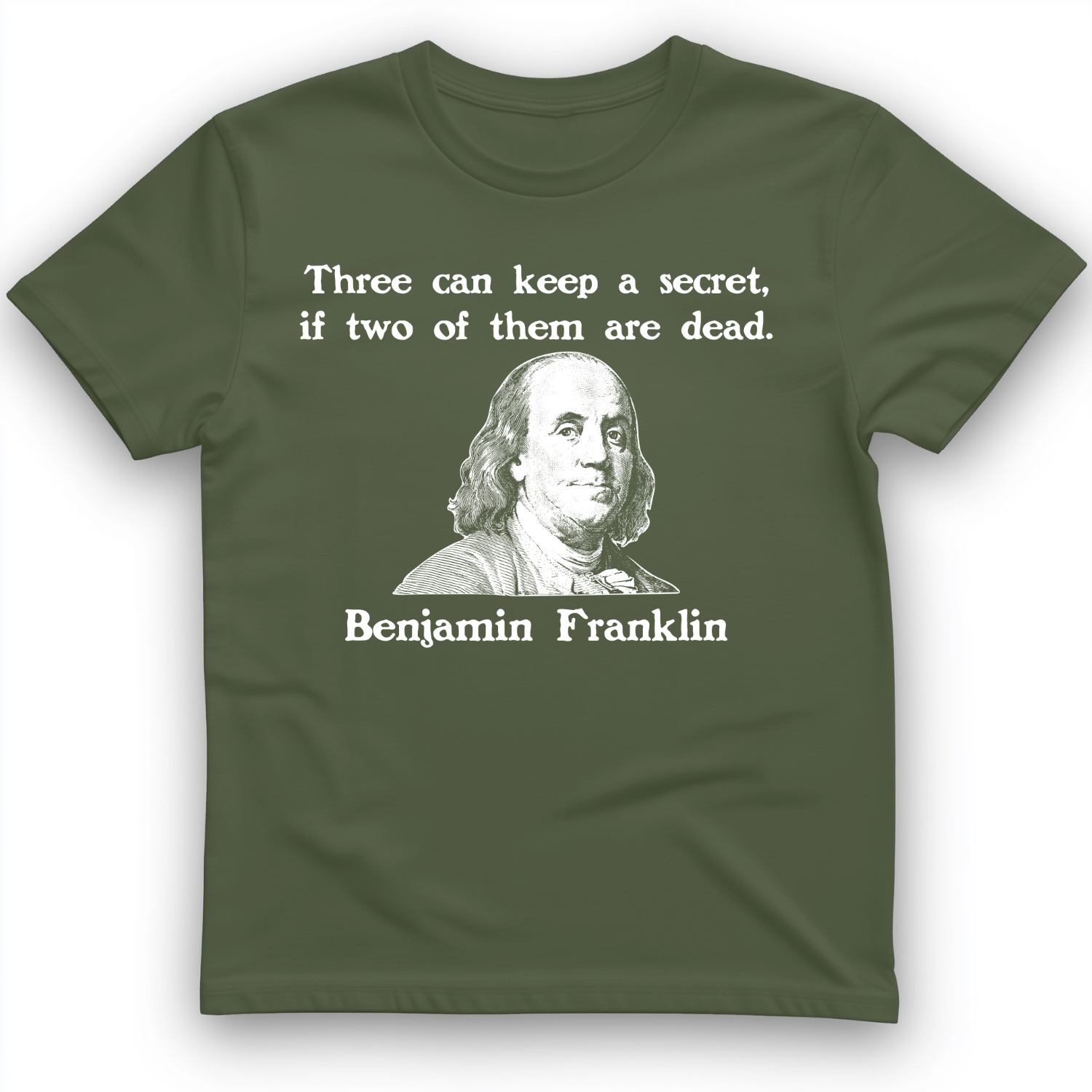 Three Can Keep a Secret Ben Franklin T-Shirt Military Green / S