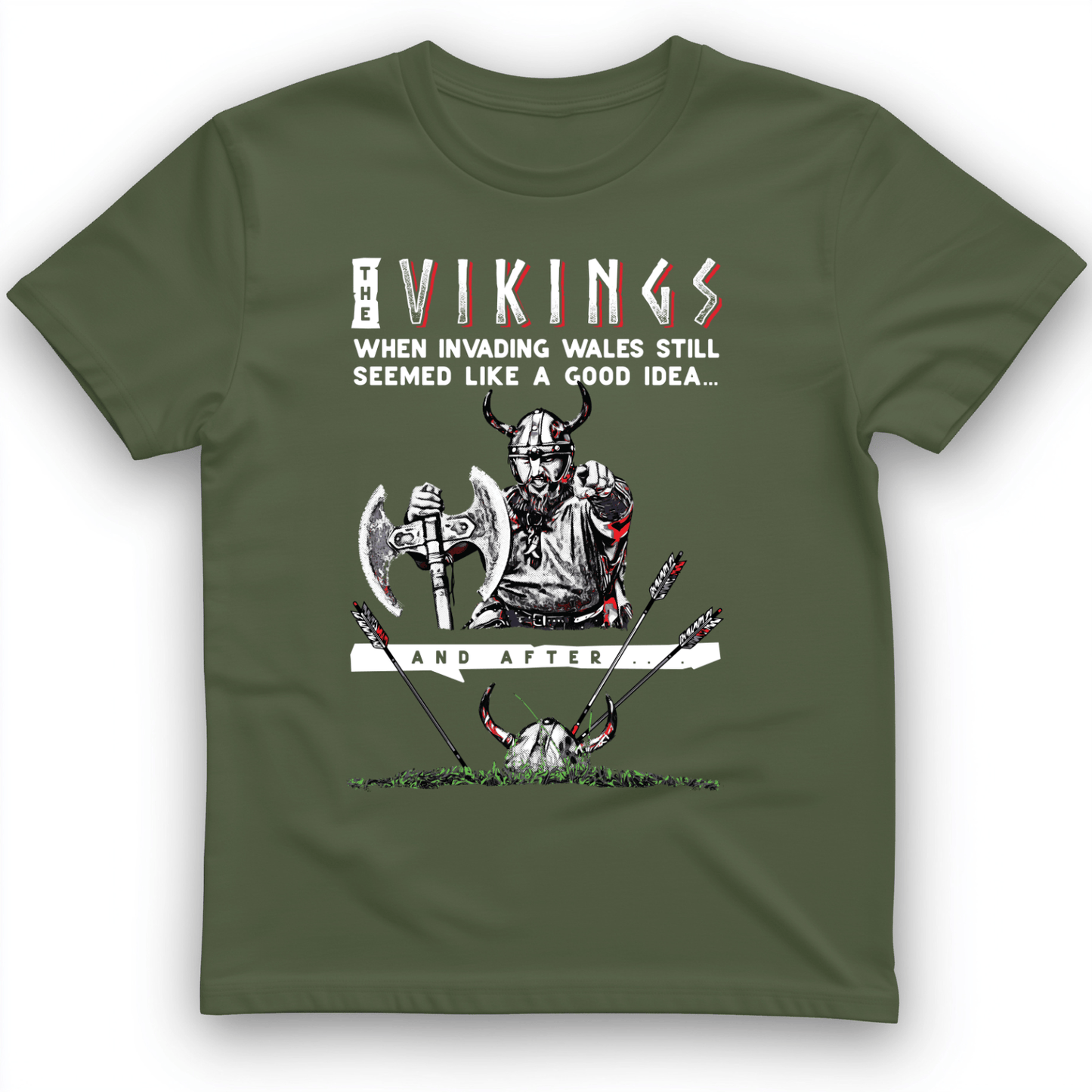 Vikings Never Defeated Wales T-Shirt Military Green / S