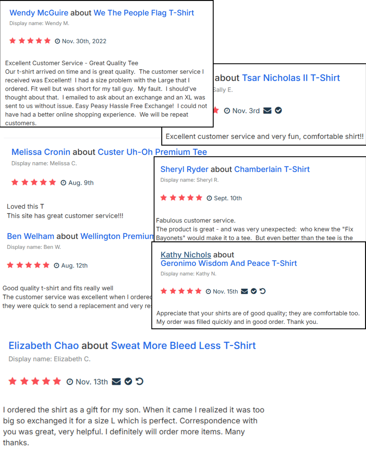 Reviews of t-shirts with customer names and feedback on a white background
