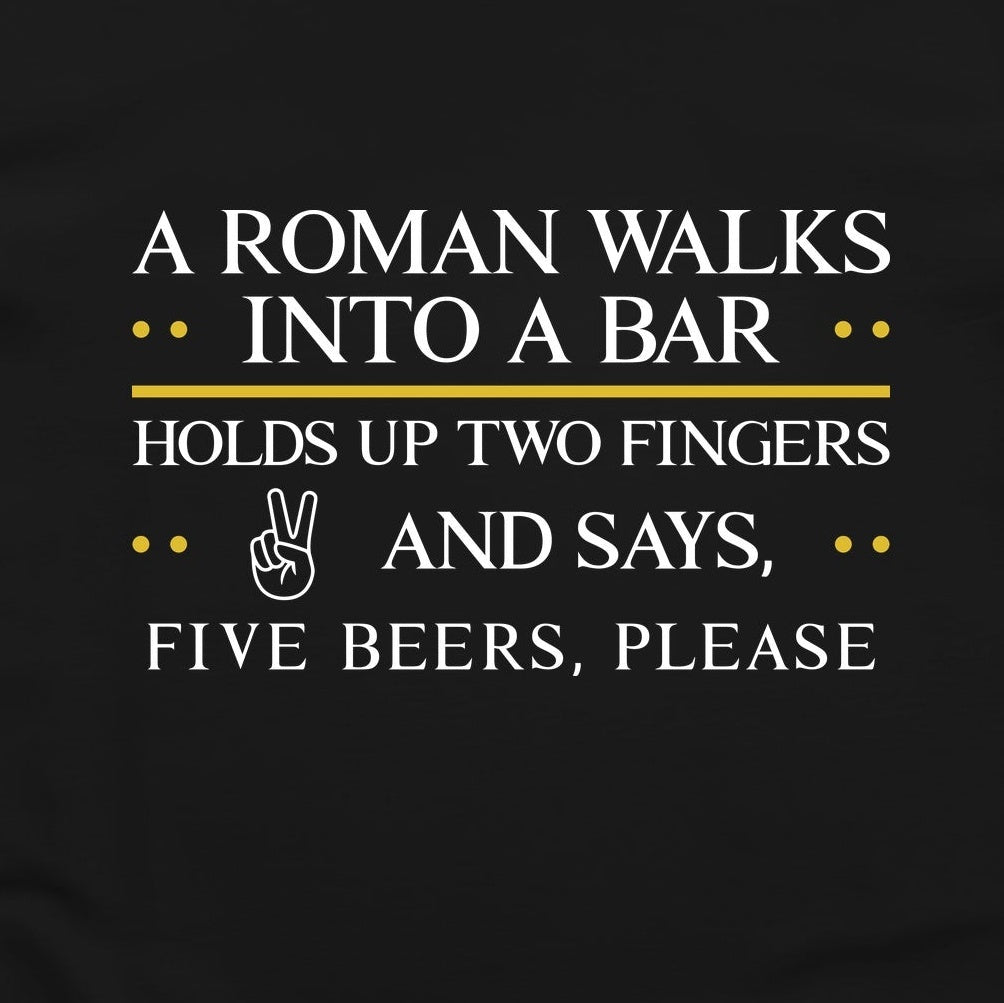 Roman Walks Into a Bar T-Shirt — print detail close-up